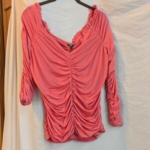 Express Coral Ruched V-Neck Blouse